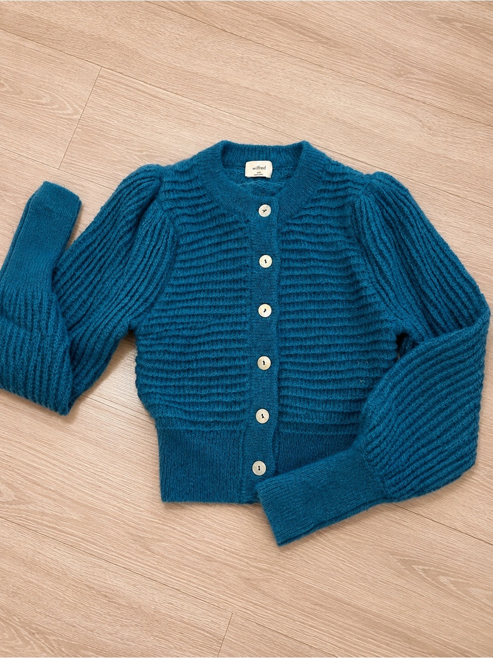 Aritzia Wilfred Teal Mohair Button-Front Cropped Sweater